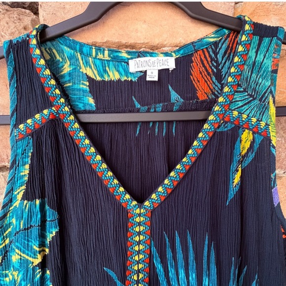 Patrons of Peace Tropical Embroidered Crinkle Ruffle Women Tank Top Boho Artsy - Picture 6 of 10